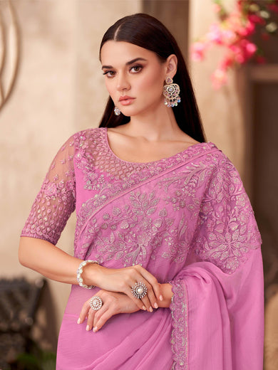 Tantalizing Light Pink Chiffon Floral Embroidered Saree With Blouse